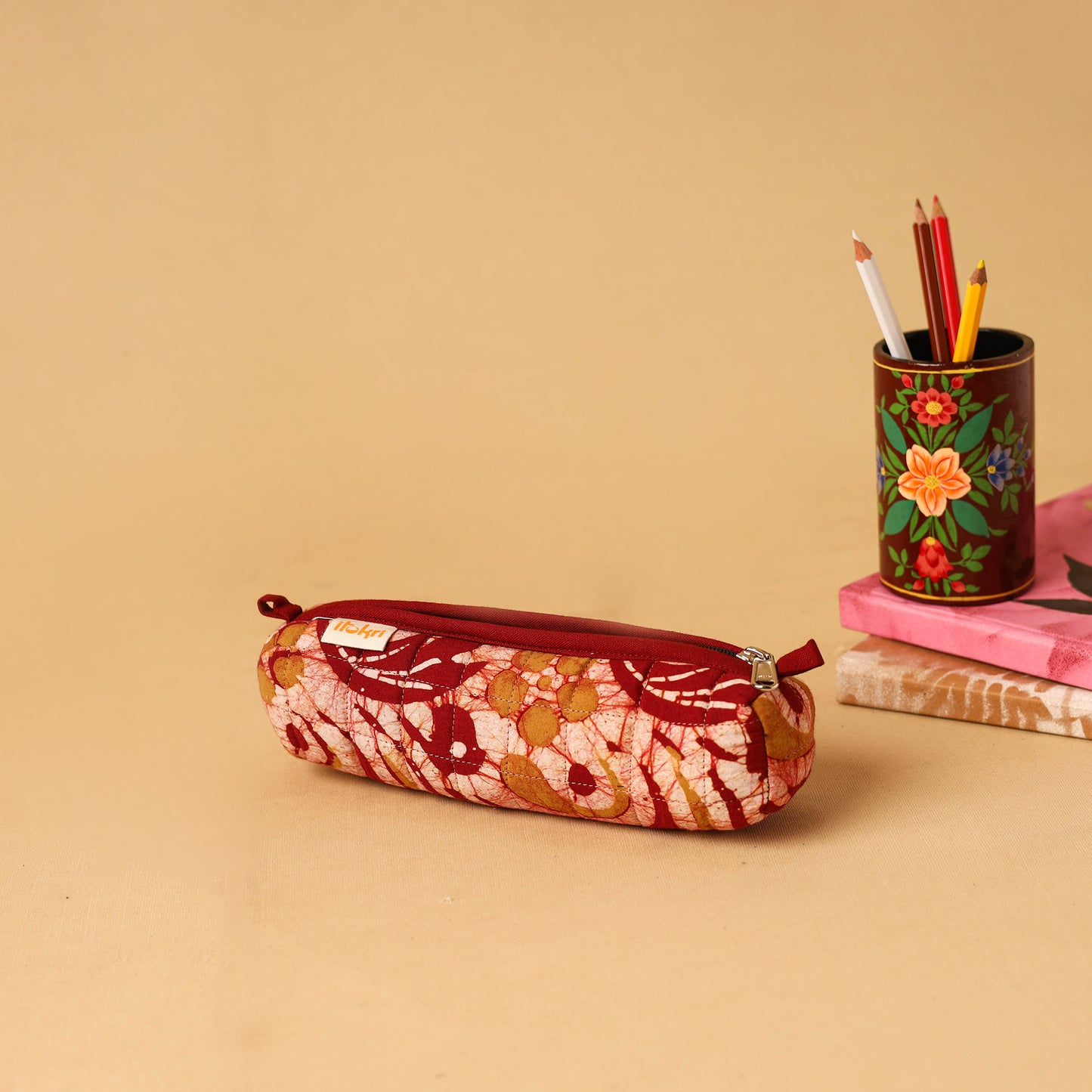 Red - handcrafted cotton quilted pencil pouch 04
