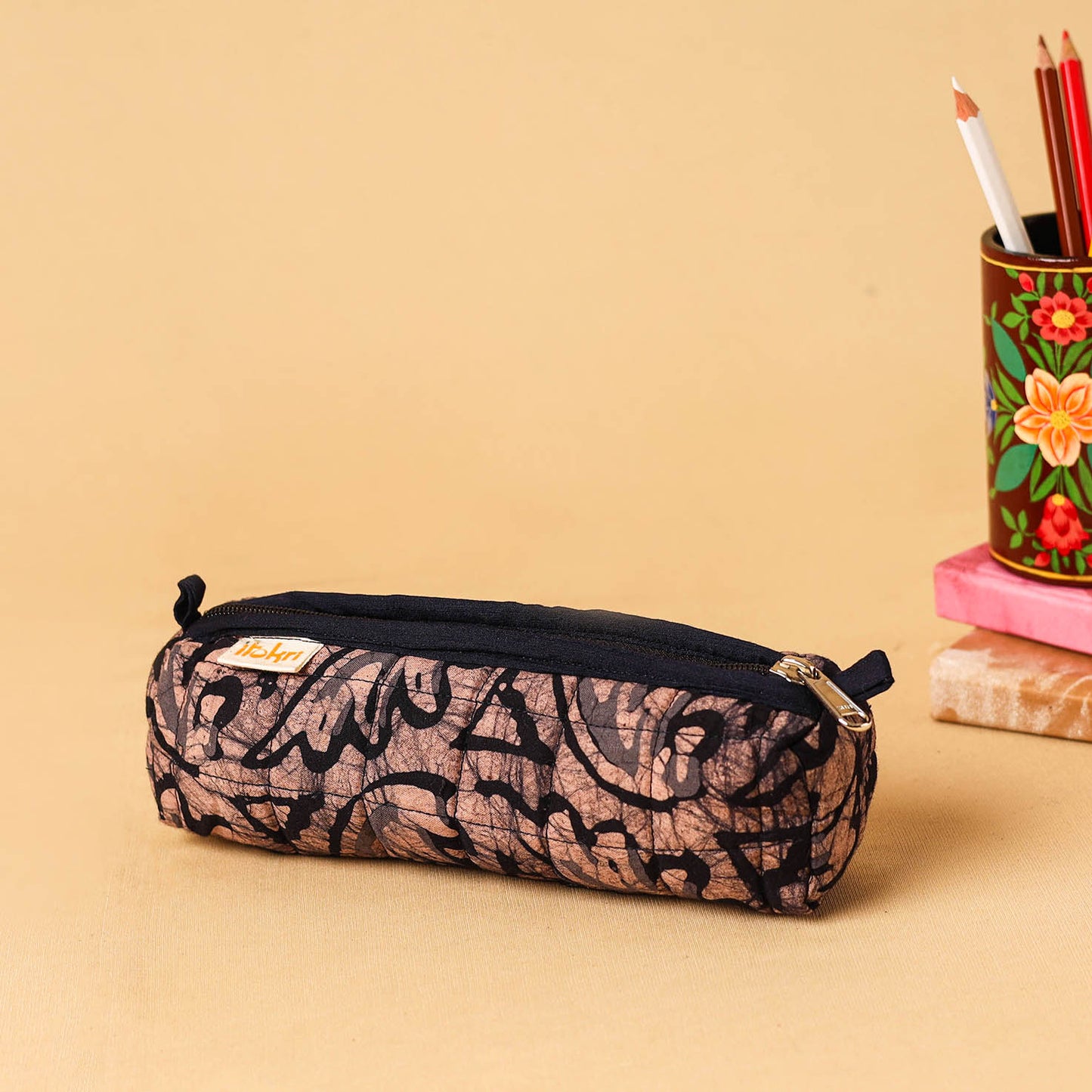 Brown - handcrafted cotton quilted pencil pouch 06