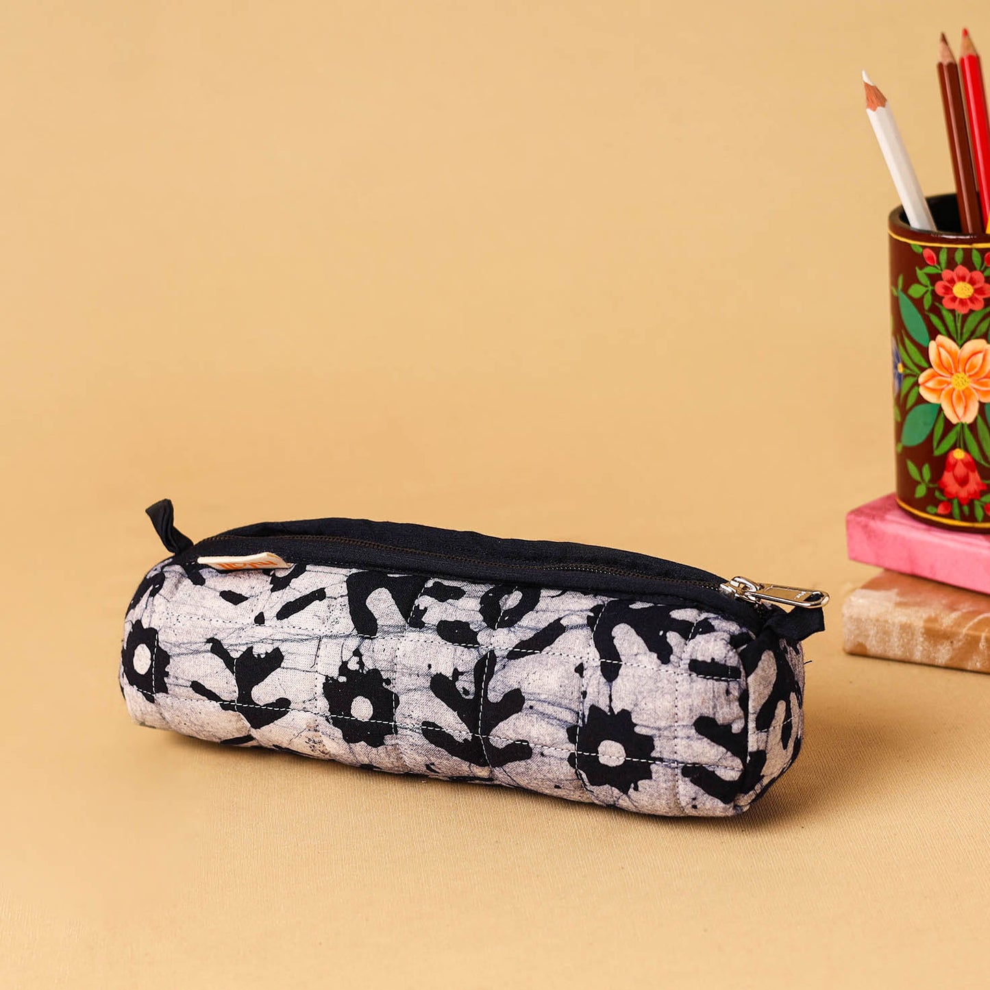 Beige - handcrafted cotton quilted pencil pouch 08
