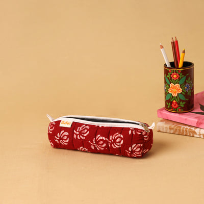 Red - handcrafted cotton quilted pencil pouch 10