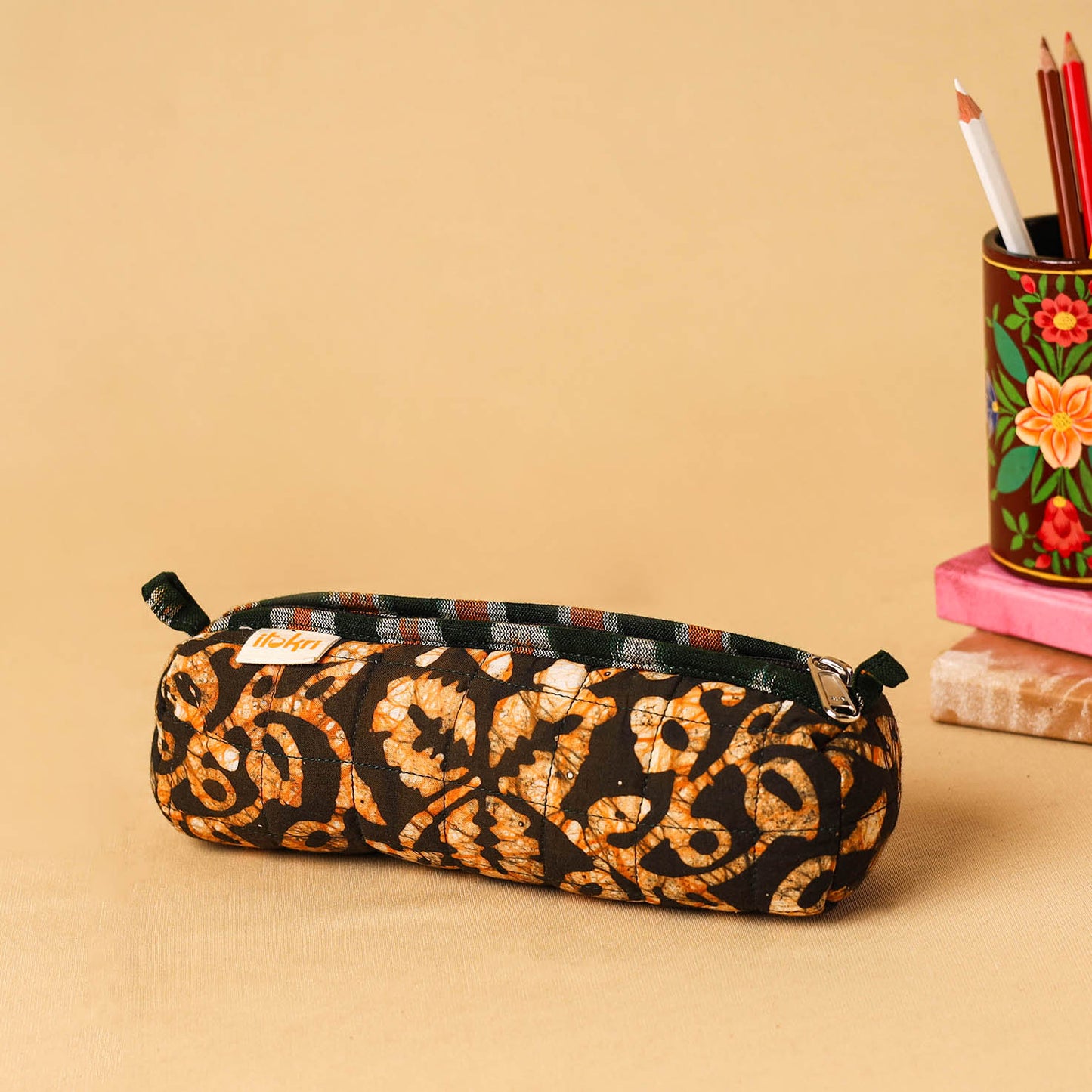 Brown - handcrafted cotton quilted pencil pouch 13