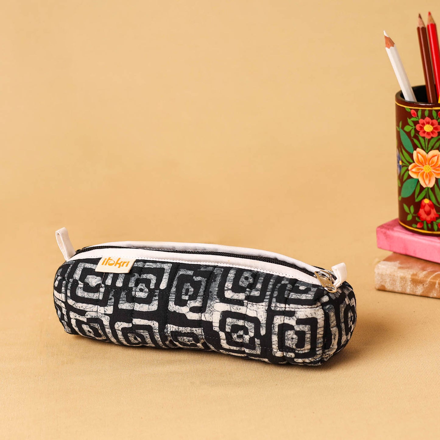 Black - handcrafted cotton quilted pencil pouch 14