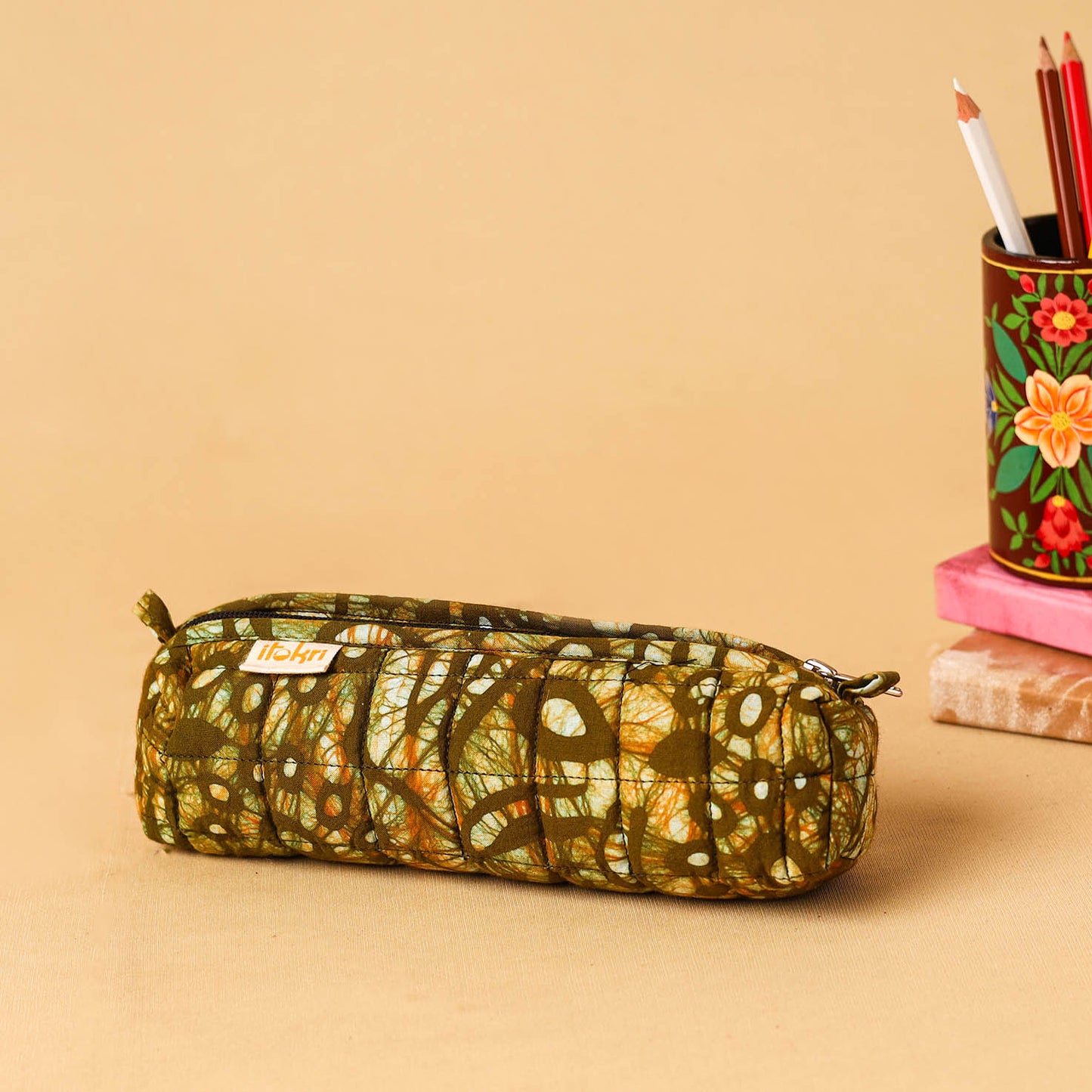 Green - handcrafted cotton quilted pencil pouch 17