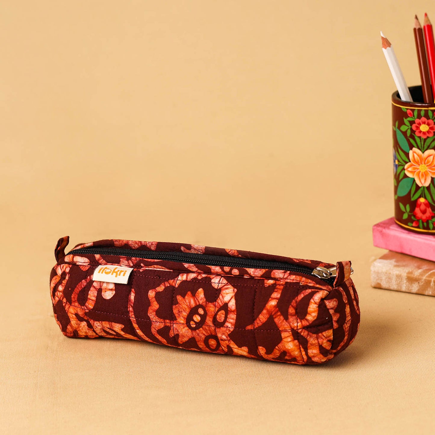 Red - handcrafted cotton quilted pencil pouch 19