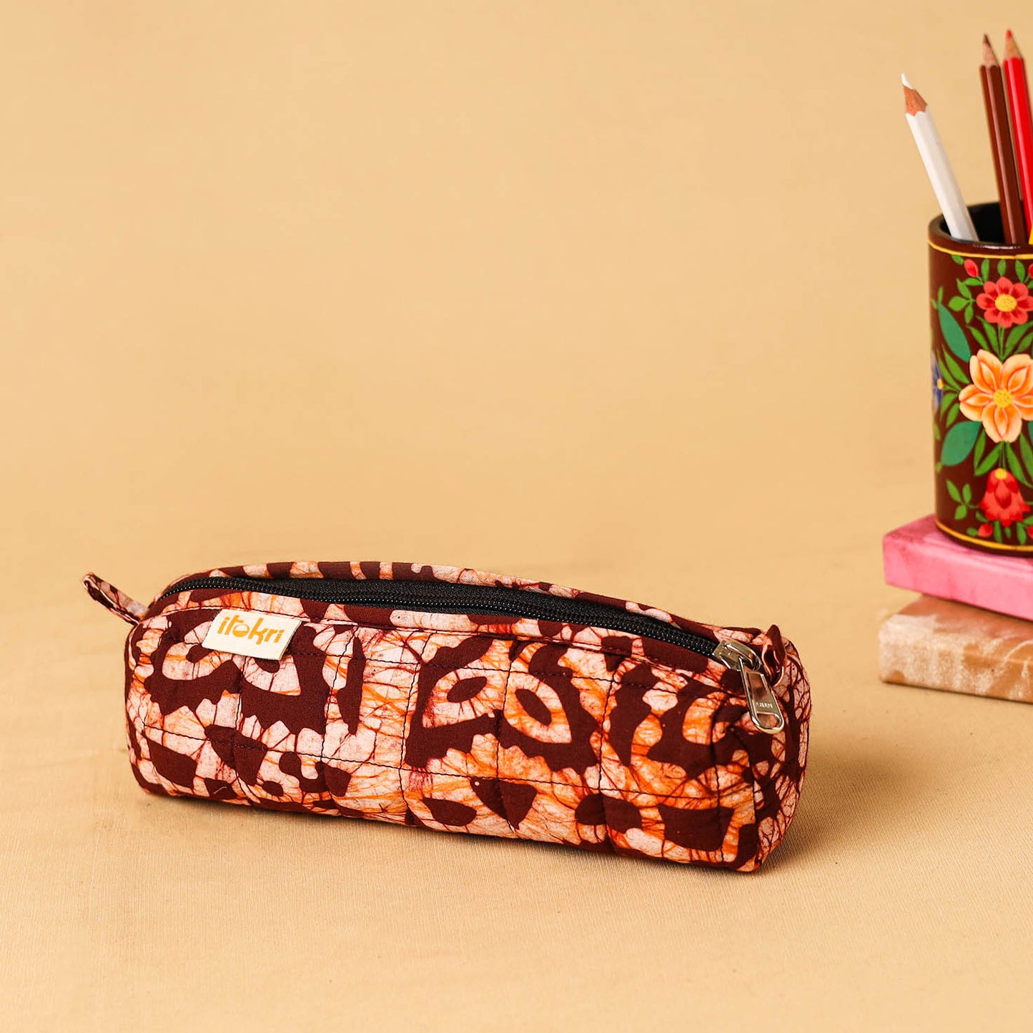 Red - handcrafted cotton quilted pencil pouch 20