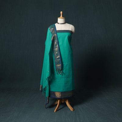 Green - Kandangi Chettinad Cotton 2pc Unstitched Dress Material Kurta Set 01