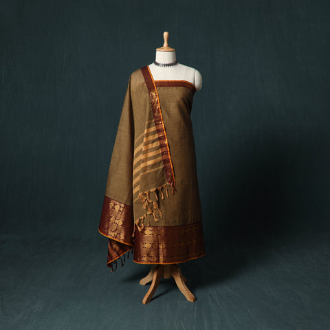 Brown - Kandangi Chettinad Cotton 2pc Unstitched Dress Material Kurta Set 02