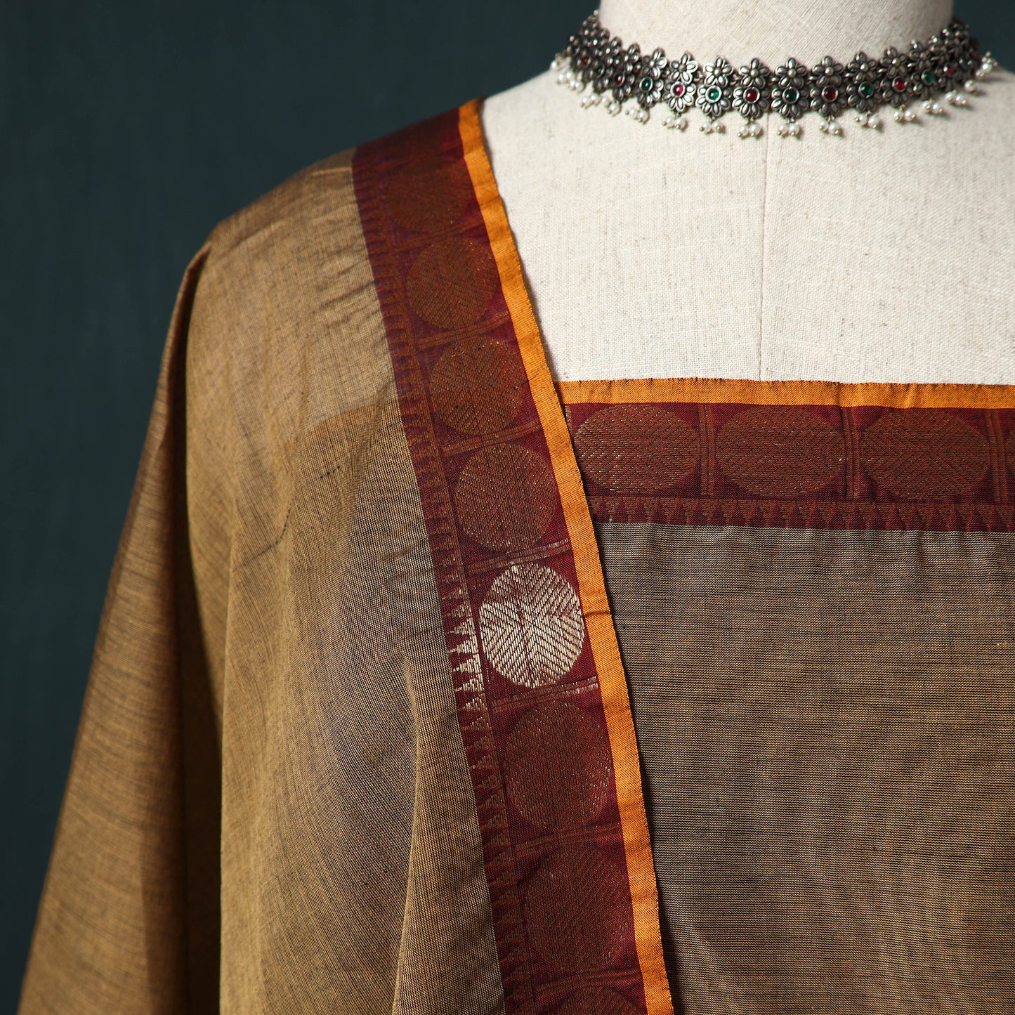 Brown - Kandangi Chettinad Cotton 2pc Unstitched Dress Material Kurta Set 02