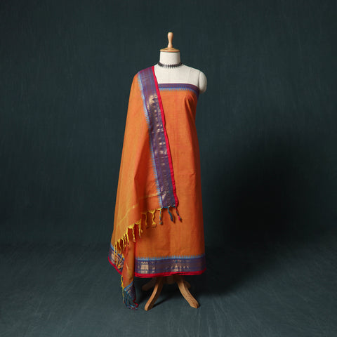 Orange - Kandangi Chettinad Cotton 2pc Unstitched Dress Material Kurta Set 05