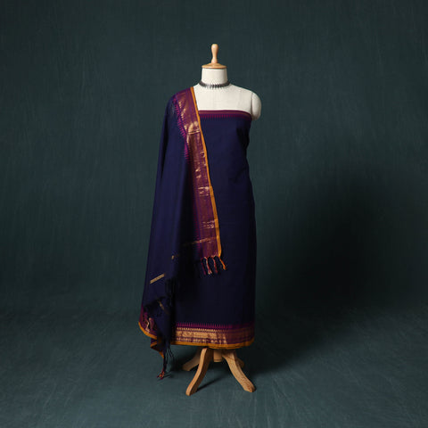 Blue - Kandangi Chettinad Cotton 2pc Unstitched Dress Material Kurta Set 07