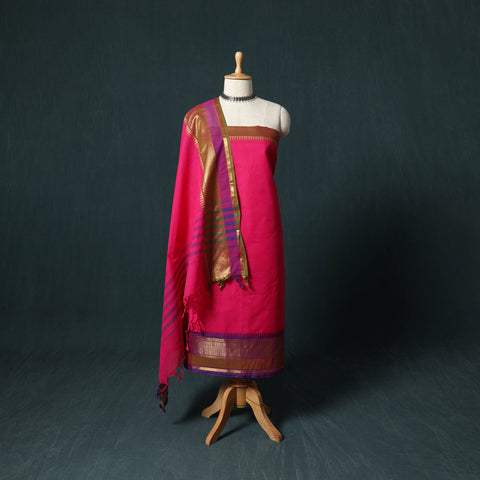 Pink - Kandangi Chettinad Cotton 2pc Unstitched Dress Material Kurta Set 08