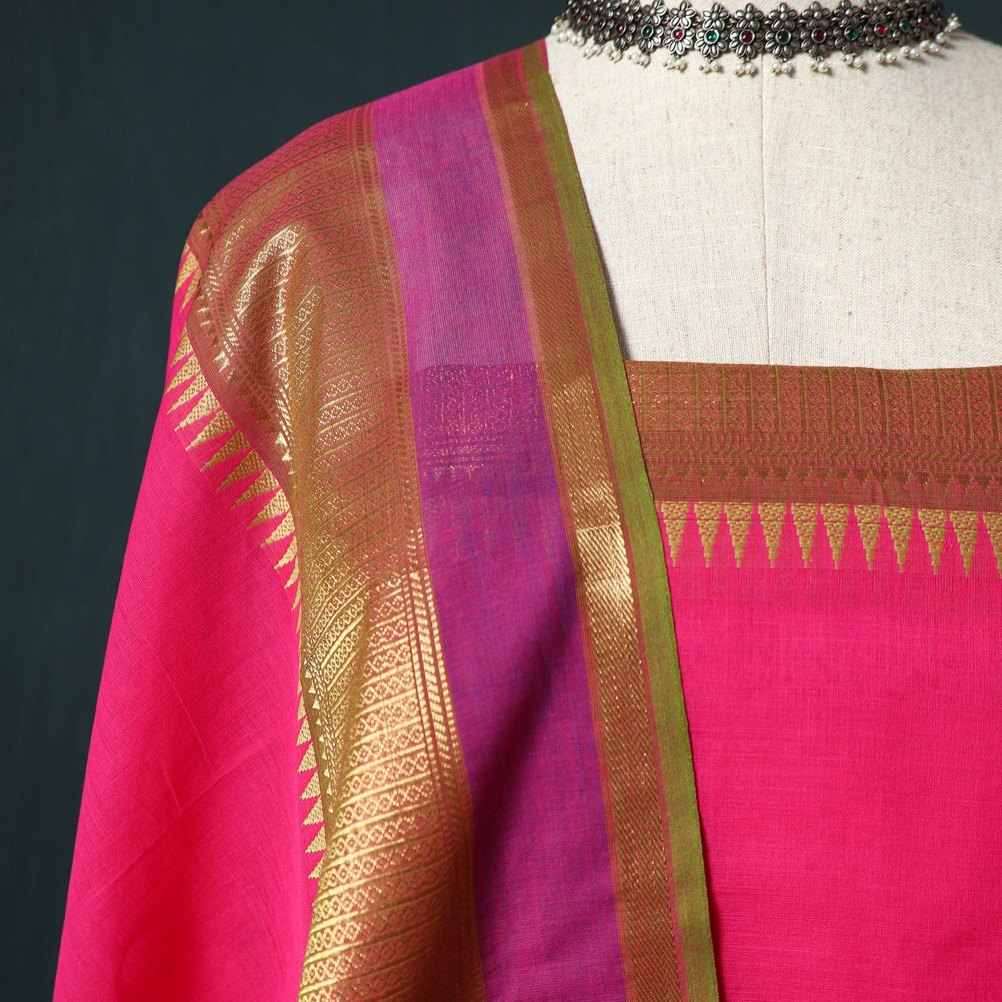 Pink - Kandangi Chettinad Cotton 2pc Unstitched Dress Material Kurta Set 08