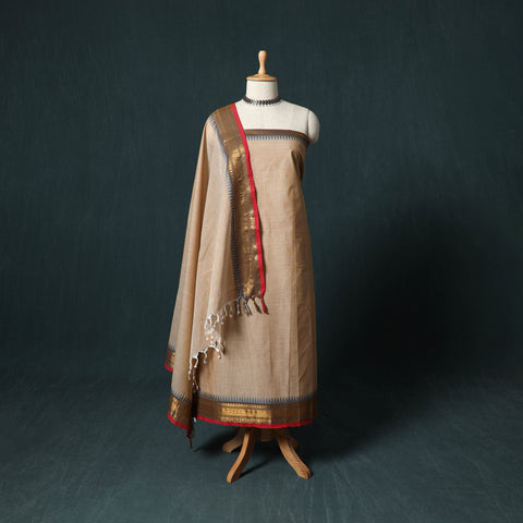 Beige - Kandangi Chettinad Cotton 2pc Unstitched Dress Material Kurta Set 09