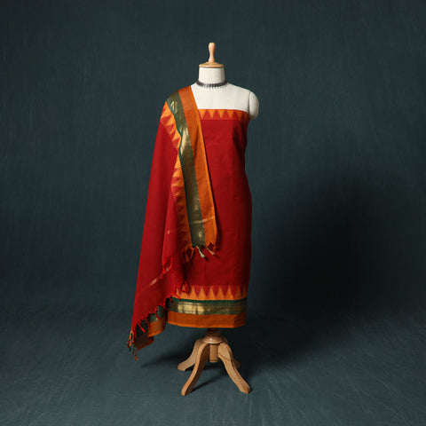 Red - Kandangi Chettinad Cotton 2pc Unstitched Dress Material Kurta Set 12