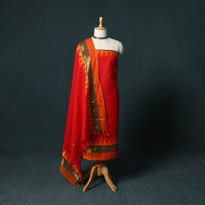 Red - Kandangi Chettinad Cotton 2pc Unstitched Dress Material Kurta Set 19