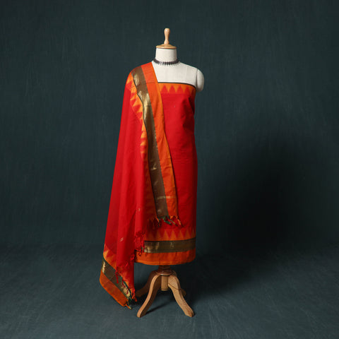 Red - Kandangi Chettinad Cotton 2pc Unstitched Dress Material Kurta Set 19