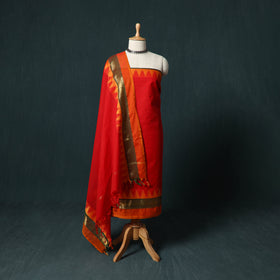 Red - Kandangi Chettinad Cotton 2pc Unstitched Dress Material Kurta Set 19