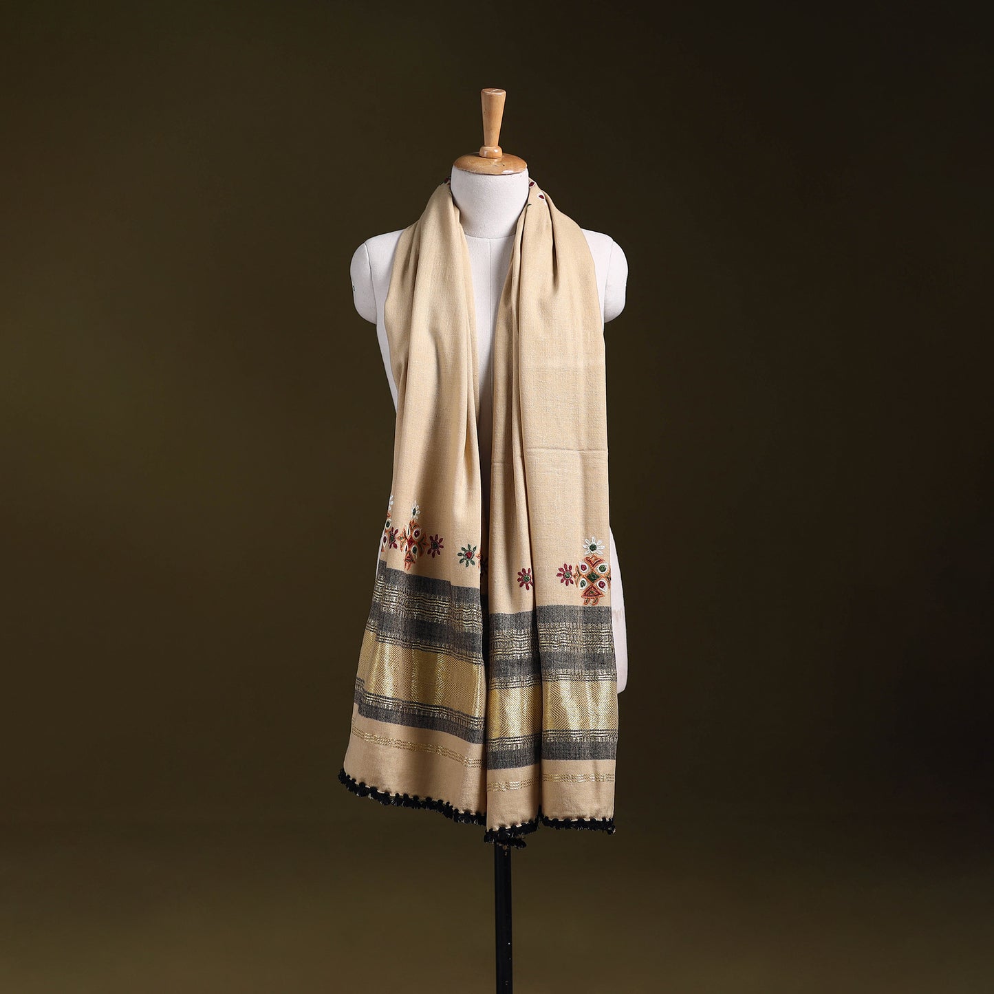 Beige - kutch ahir hand embroidery mirror work woollen