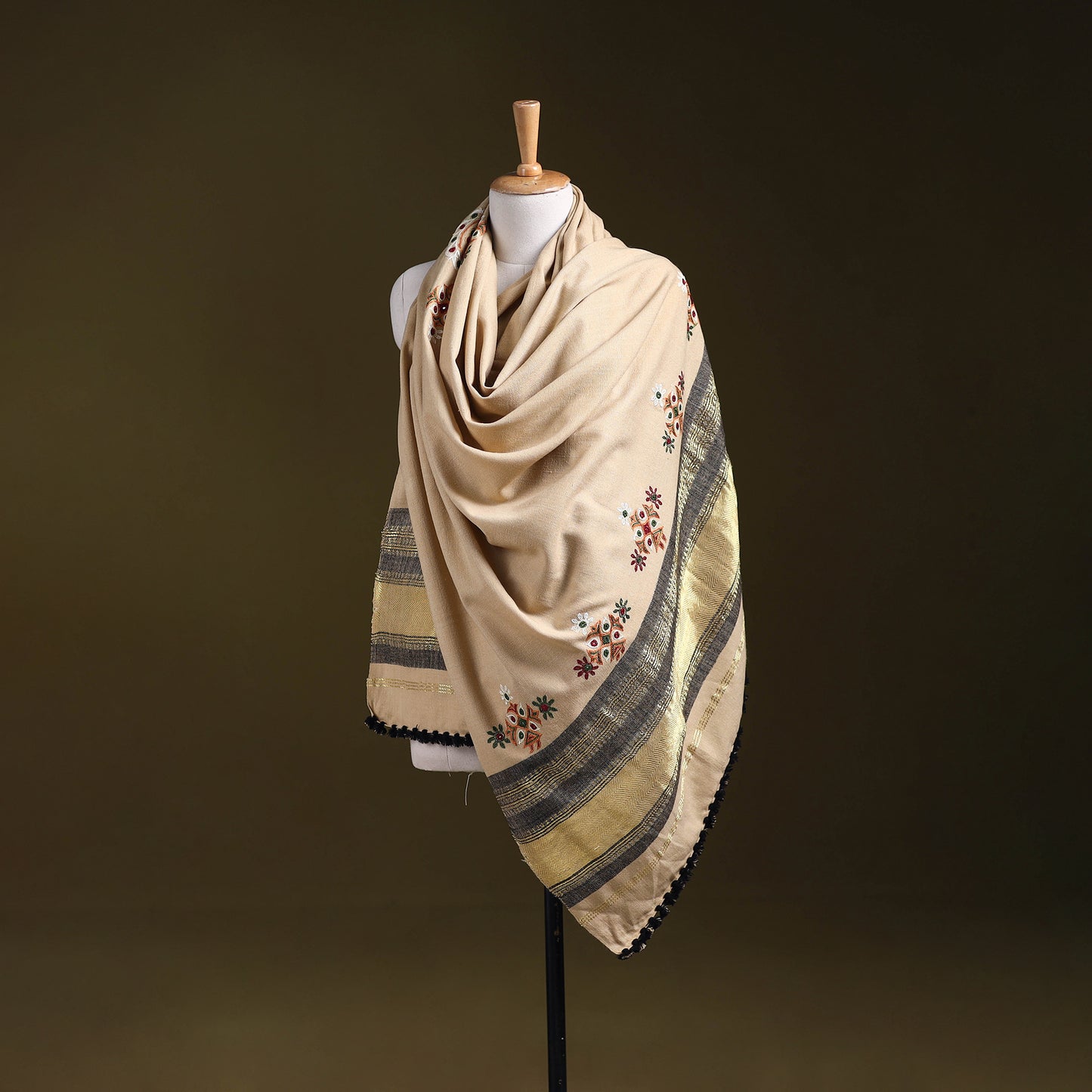 Beige - kutch ahir hand embroidery mirror work woollen