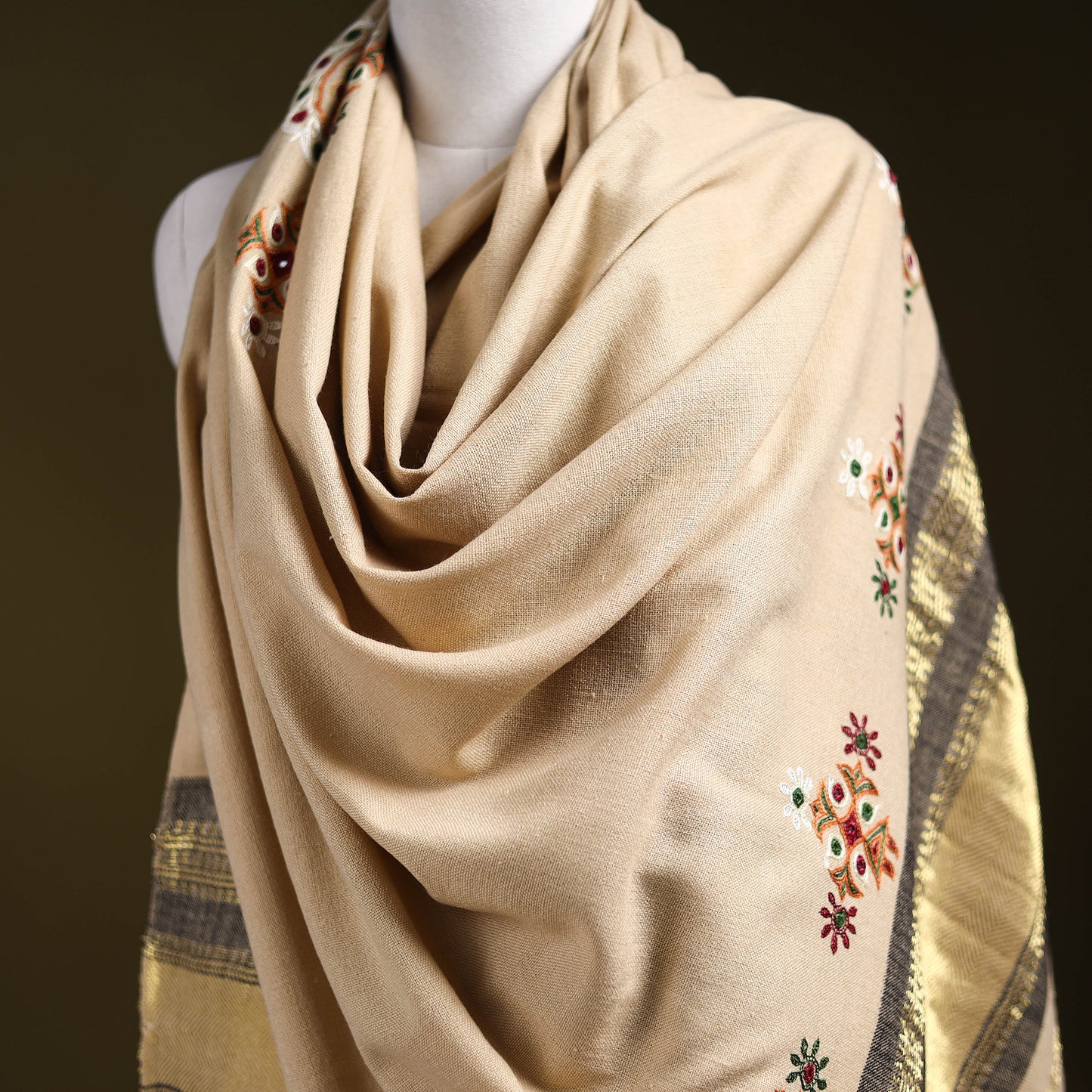 Beige - kutch ahir hand embroidery mirror work woollen