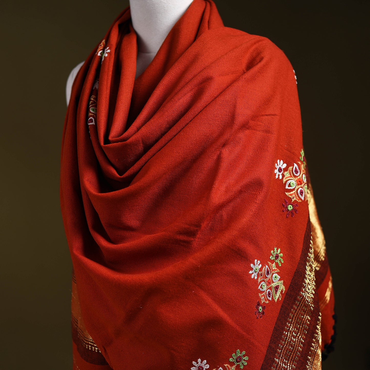 Red - kutch ahir hand embroidery mirror work woollen shawl