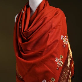 Red - kutch ahir hand embroidery mirror work woollen shawl