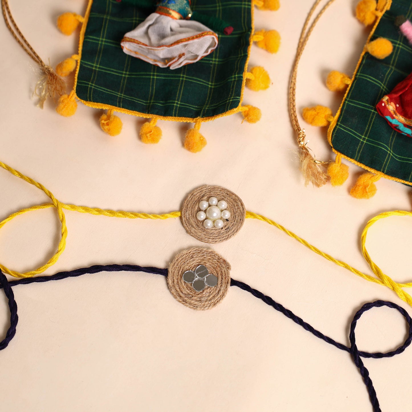  Handmade Bead & Mirror Work Jute Rakhi (Set of 2)