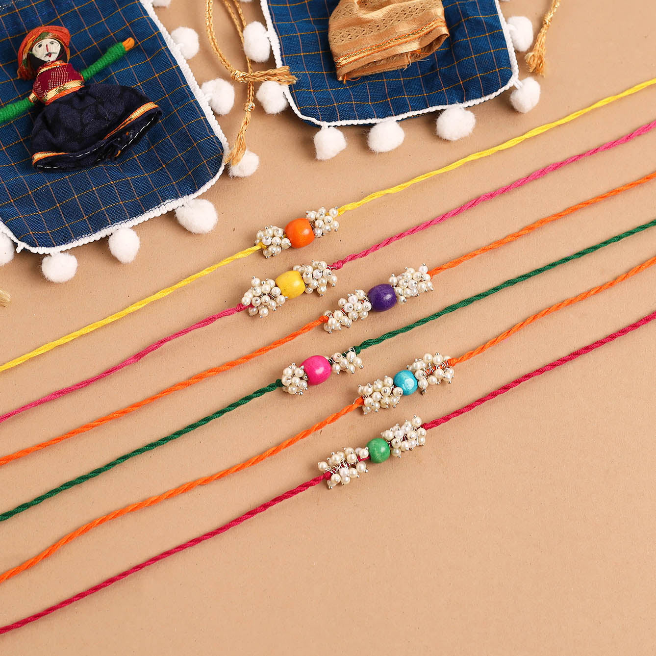 Handmade Tiny Pearl & Bead Work Rakhi (Assorted Set of 6)