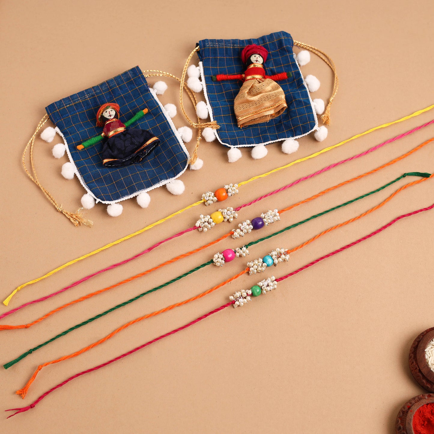 Handmade Tiny Pearl & Bead Work Rakhi (Assorted Set of 6)