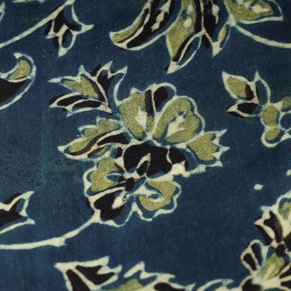 Blue & Green Gardenia Ajrakh Hand Block Printed Modal Silk Fabric