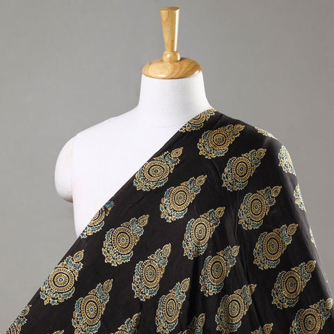 Black - Yellow Patterned Butta On Black Ajrakh Hand Block Printed Modal Silk Fabric