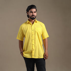 Yellow Half Sleeve Slub Cotton Men Plain Shirt