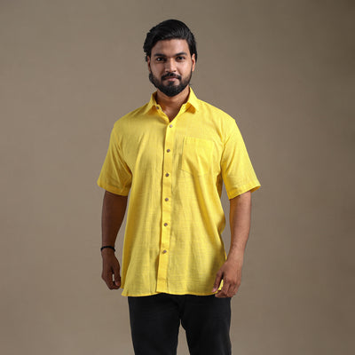 Yellow Half Sleeve Slub Cotton Men Plain Shirt