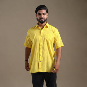 Yellow Half Sleeve Slub Cotton Men Plain Shirt
