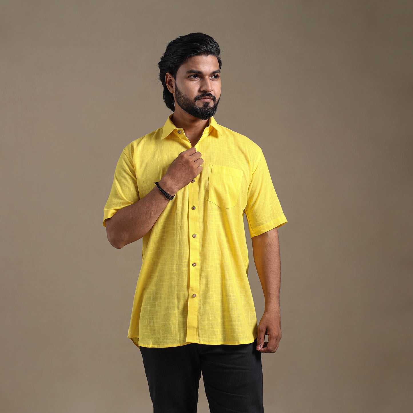 Yellow Half Sleeve Slub Cotton Men Plain Shirt
