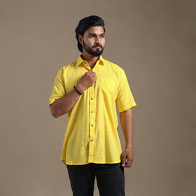 Yellow Half Sleeve Slub Cotton Men Plain Shirt