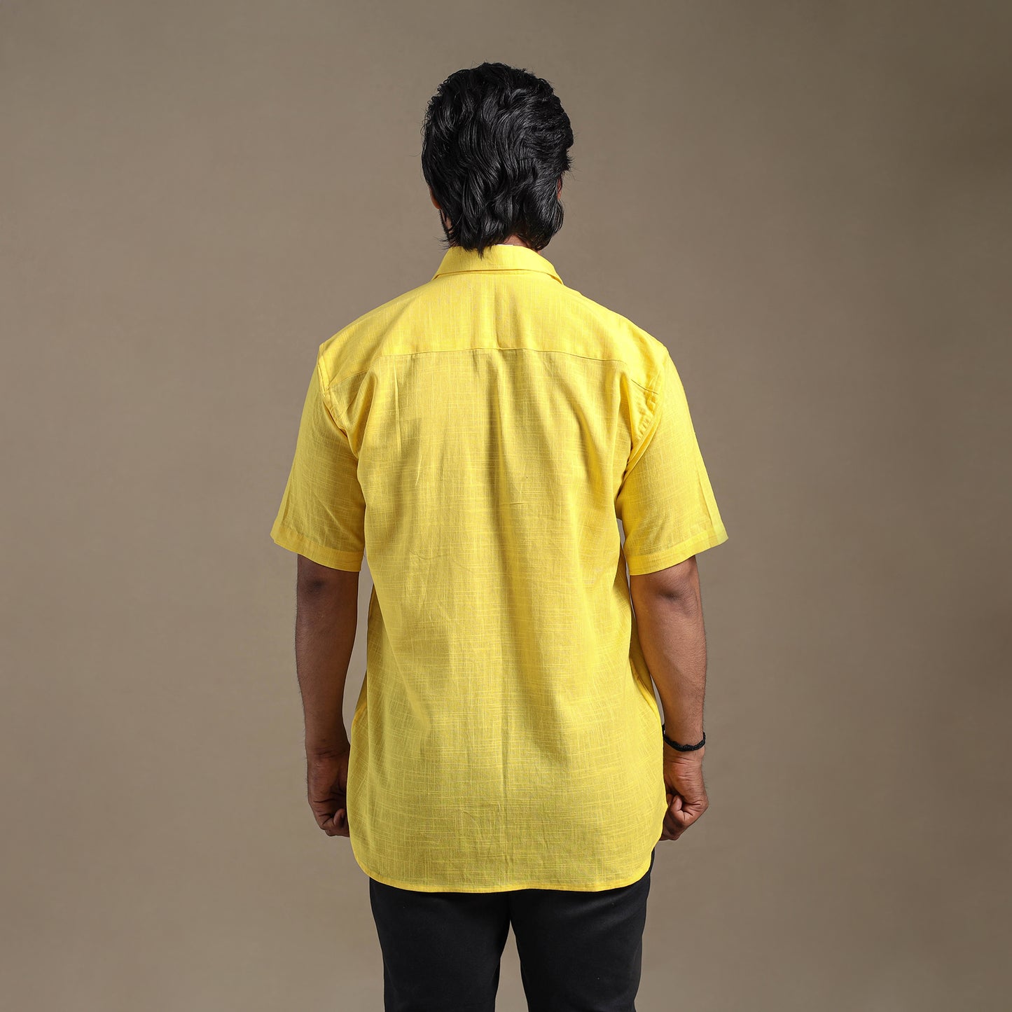 Yellow Half Sleeve Slub Cotton Men Plain Shirt