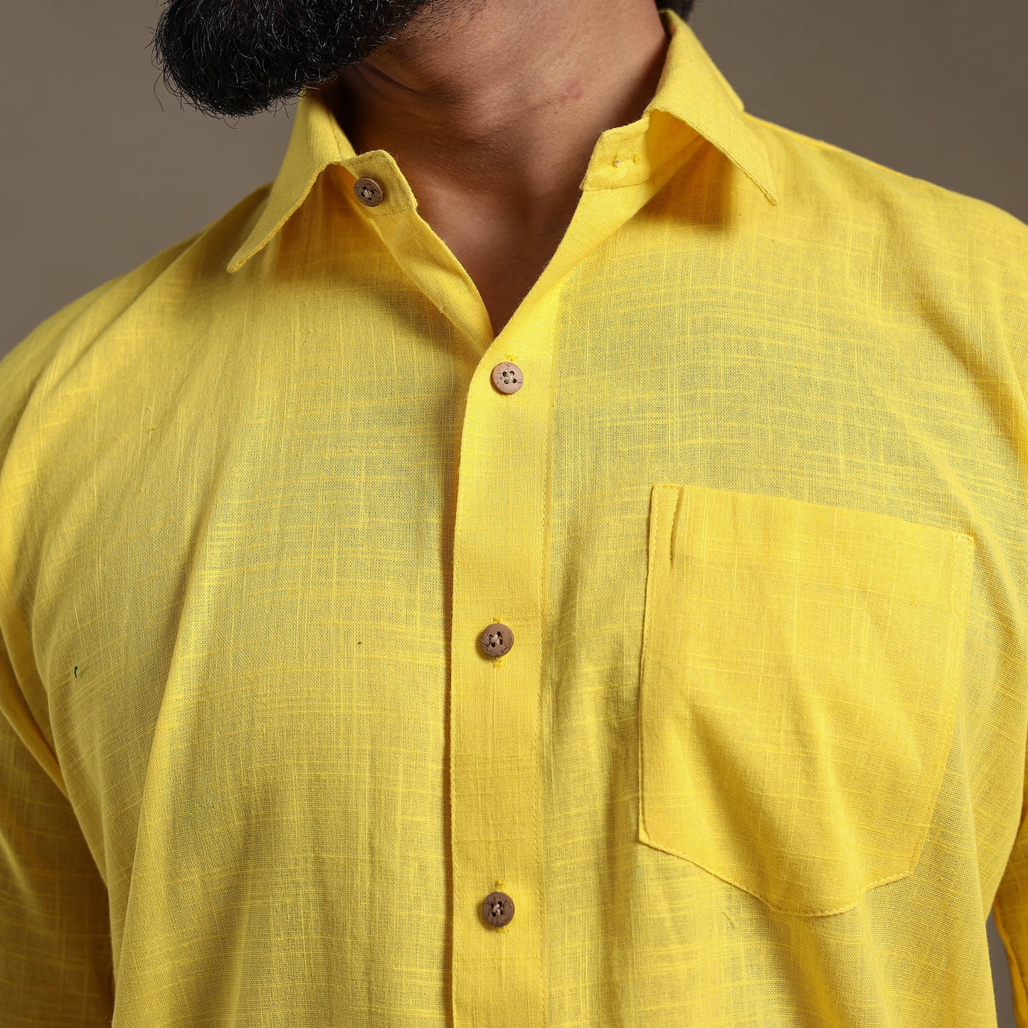 Yellow Half Sleeve Slub Cotton Men Plain Shirt