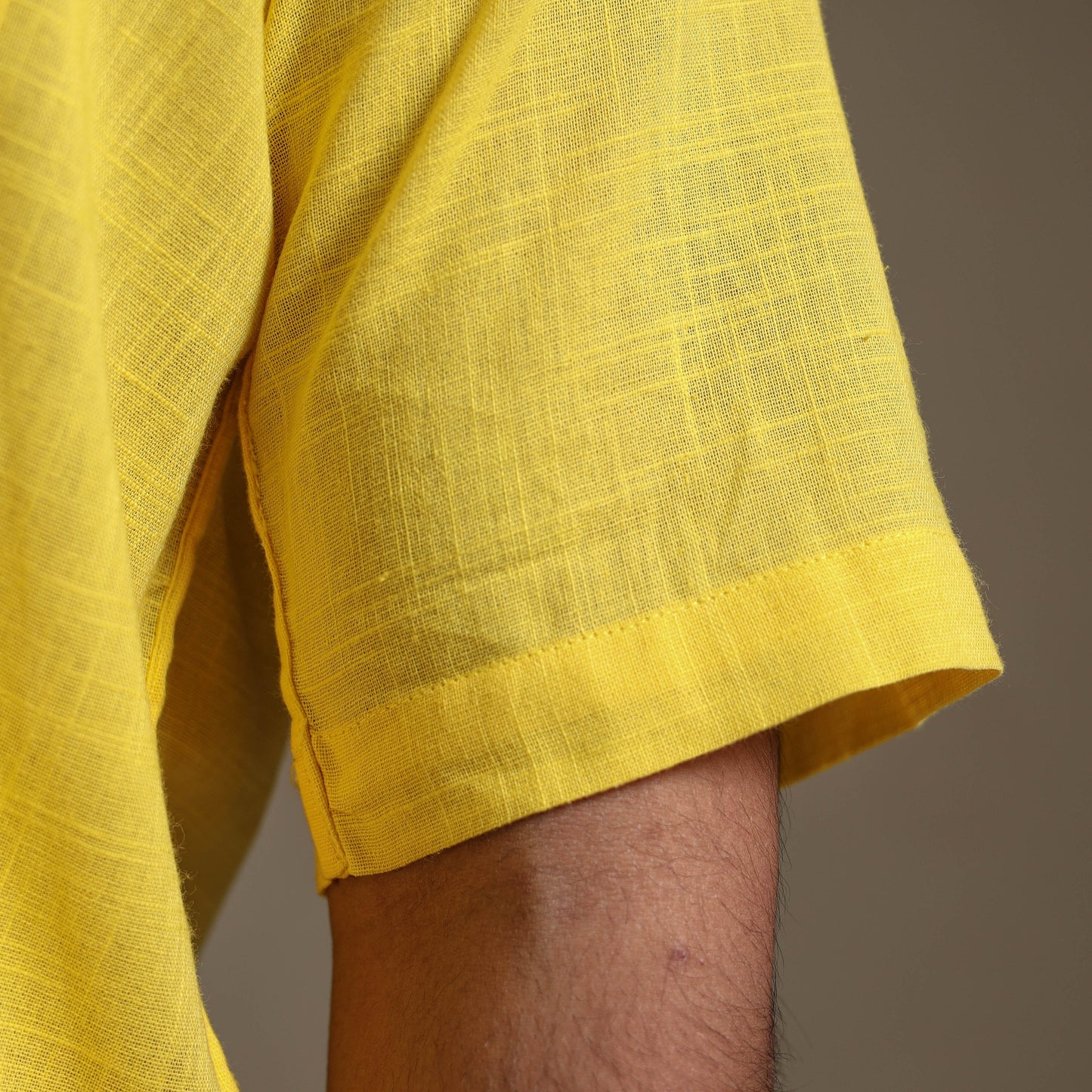 Yellow Half Sleeve Slub Cotton Men Plain Shirt