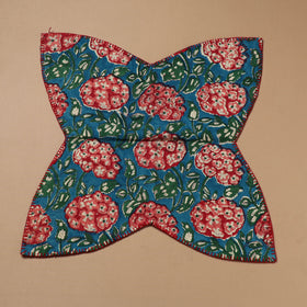 Blue - Hand Embroidered Floral Block Print Cotton Roti Napkin 04