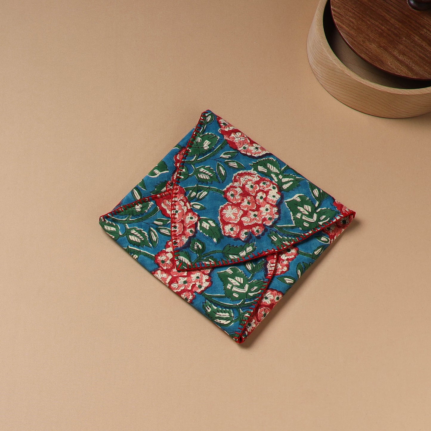 Blue - Hand Embroidered Floral Block Print Cotton Roti Napkin 04