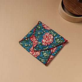 Blue - Hand Embroidered Floral Block Print Cotton Roti Napkin 04