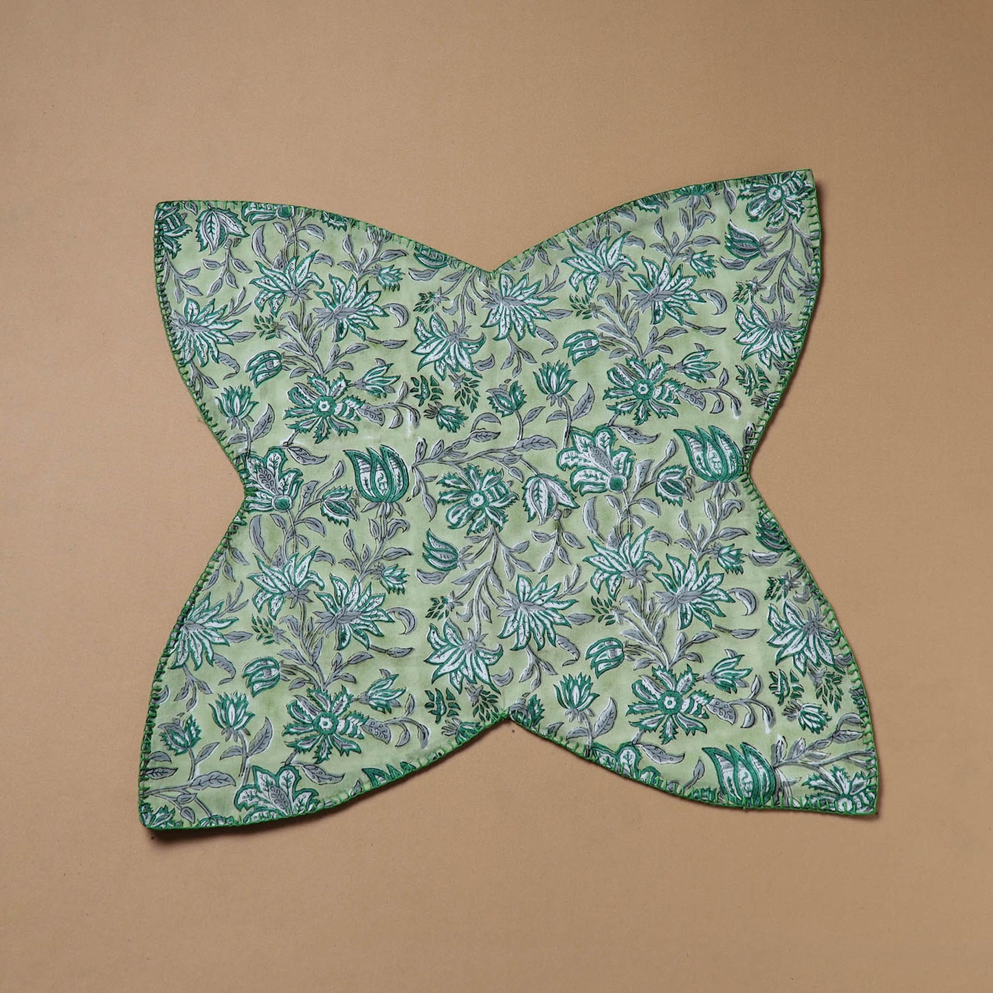 Green - Hand Embroidered Floral Block Print Cotton Roti Napkin 01