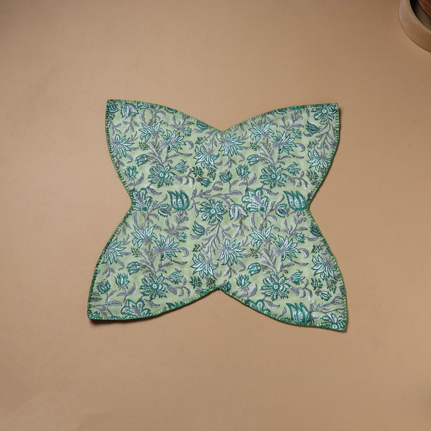 Green - Hand Embroidered Floral Block Print Cotton Roti Napkin 01