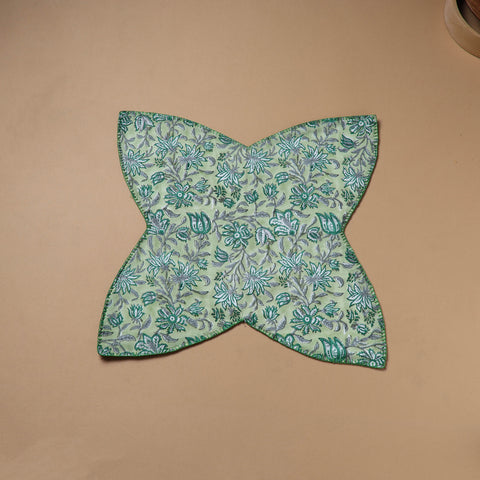 Green - Hand Embroidered Floral Block Print Cotton Roti Napkin 01
