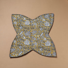 Yellow - Hand Embroidered Floral Block Print Cotton Roti Napkin 02