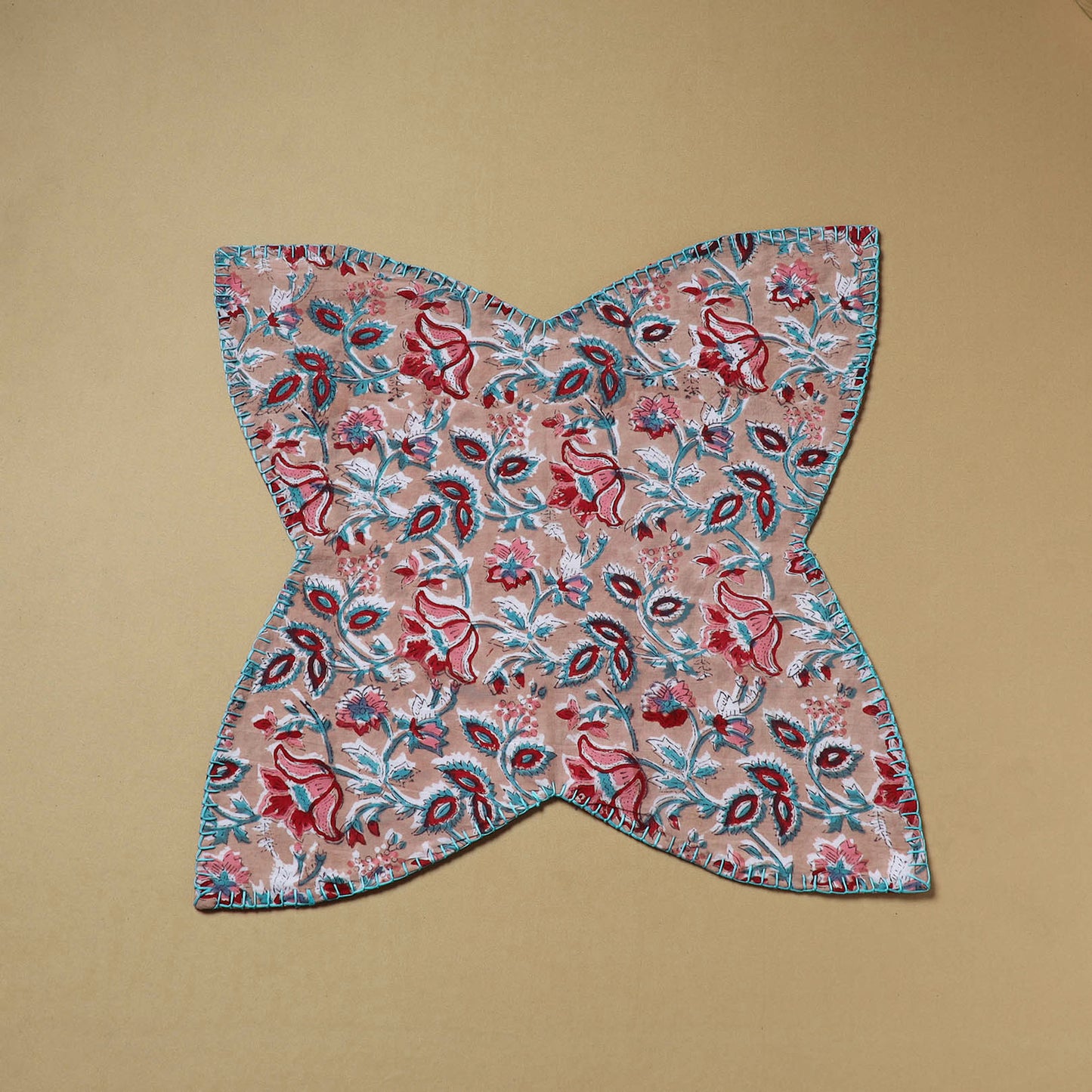 Pink - Hand Embroidered Floral Block Print Cotton Roti Napkin 03