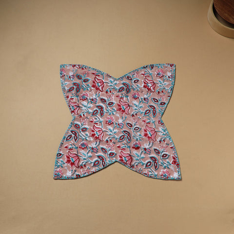 Pink - Hand Embroidered Floral Block Print Cotton Roti Napkin 03
