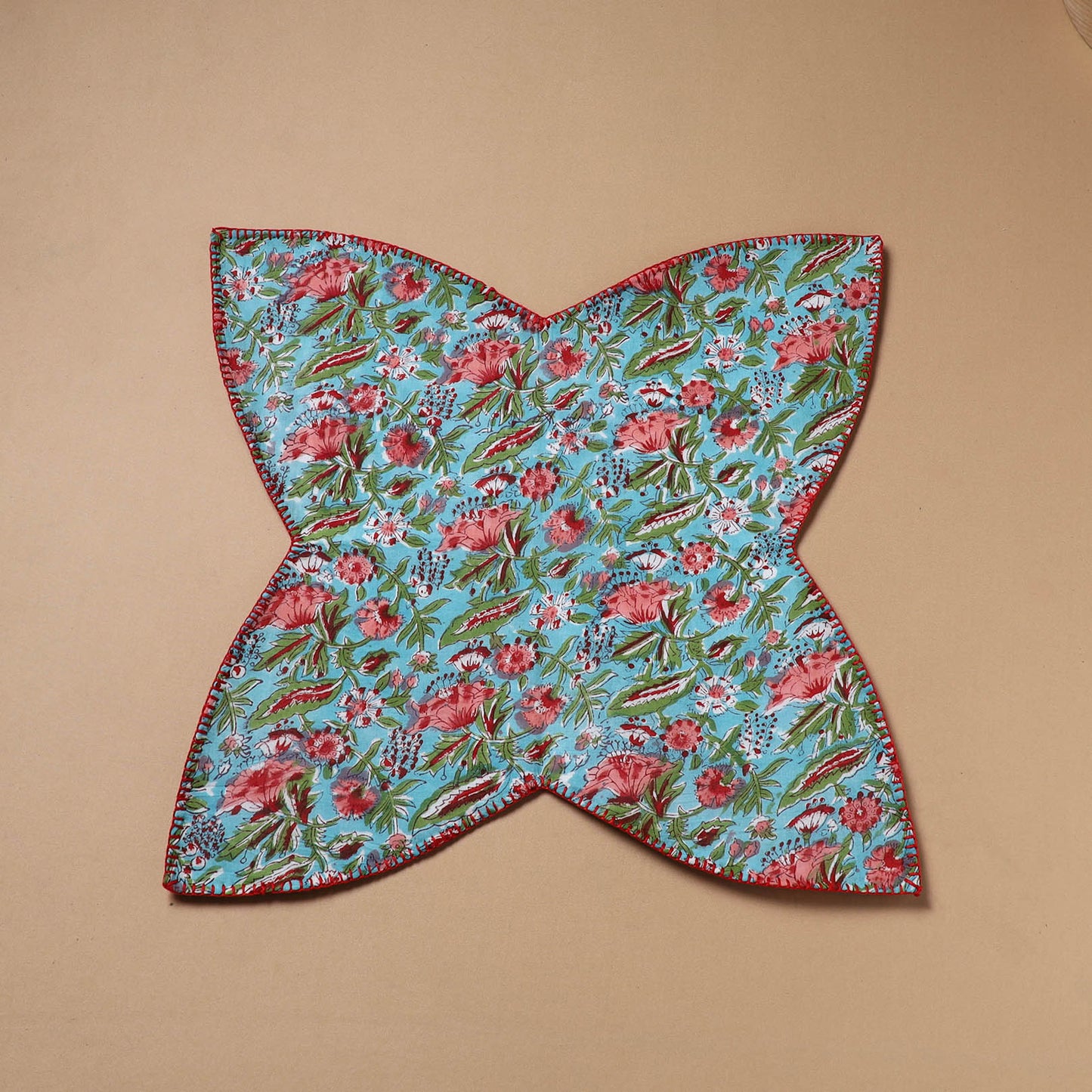 Blue - Hand Embroidered Floral Block Print Cotton Roti Napkin 05
