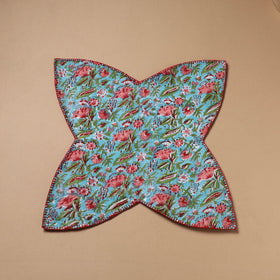 Blue - Hand Embroidered Floral Block Print Cotton Roti Napkin 05